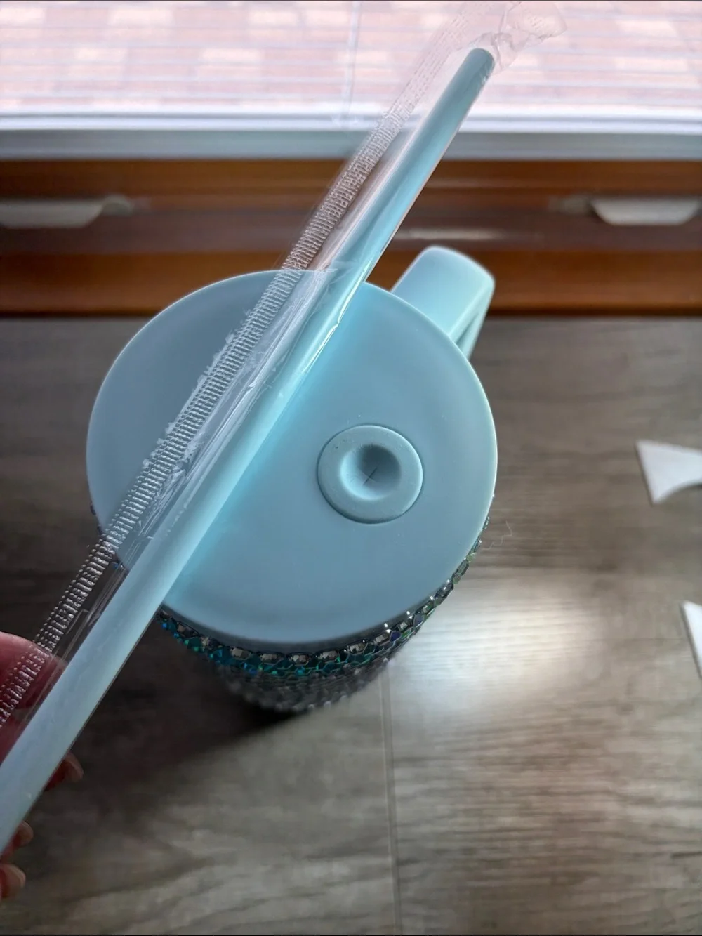 Crystal-Embellished Light Blue Travel Tumbler with Handle